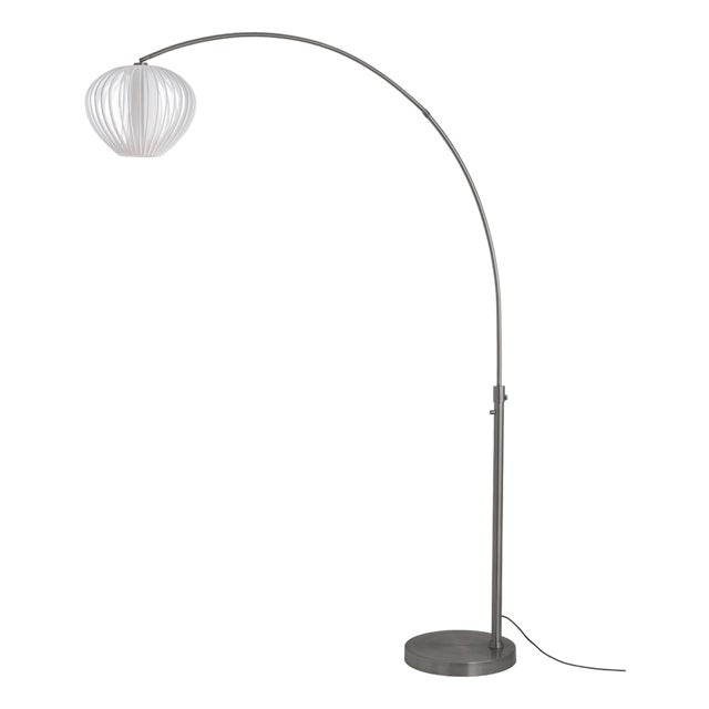 Float Arc Lamp - Black Nickel Body, Mid Century Floor Lamp, Sphere White Satin Steel Shade, Steel Base, Dimmable, Modern Design For Sale