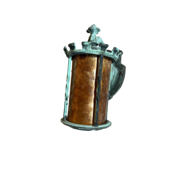 Early 20th Century Early 20th Century Original Verdigris Patina Bronze Outdoor Wall Sconce With Mica Shade For Sale - Image 5 of 10