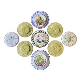 Blue, Green and Pink Fruit and Floral Plate Wall- Set of Nine For Sale