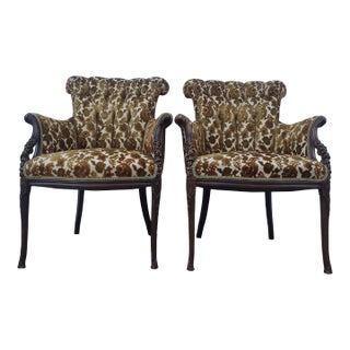Early 20th Century Ornate French Mahogany Carved Arm Chairs- a Pair For Sale