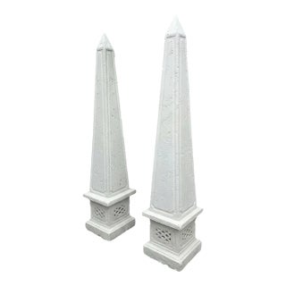 Pair of Grand Classical Cast Stone Garden Obelisks on Lattice Plinths For Sale
