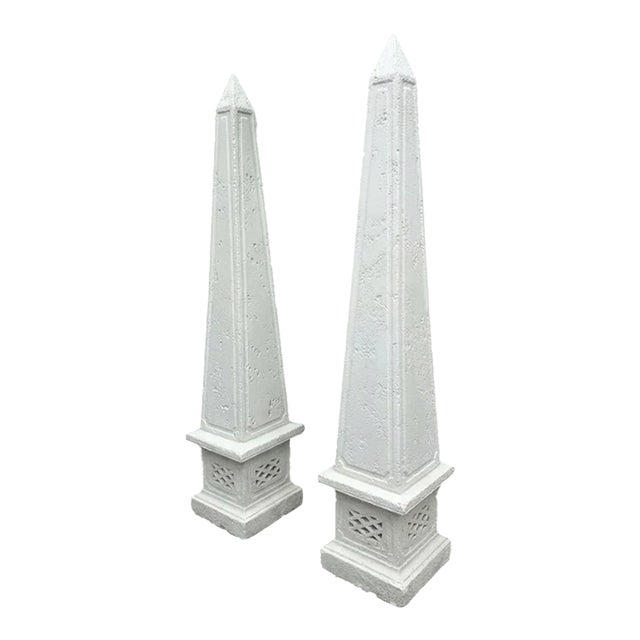 Pair of Grand Classical Cast Stone Garden Obelisks on Lattice Plinths For Sale
