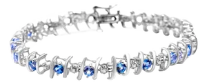 .925 Sterling Silver, Lab-Grown Gemstone and 1/6 Cttw Round Diamond Tennis Bracelet (H-I Color, I1-I2 Clarity) - Created Aquamarine, March Birthstone