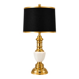 Vintage Brass & Milk Glass Table Lamp | Black & Gold Drum Shade | 30” Designer Accent Lamp For Sale