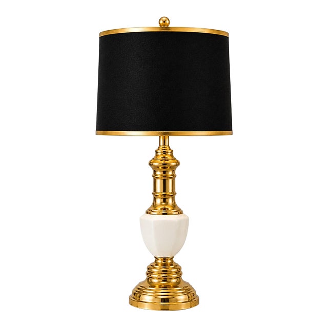 Vintage Brass & Milk Glass Table Lamp | Black & Gold Drum Shade | 30” Designer Accent Lamp For Sale