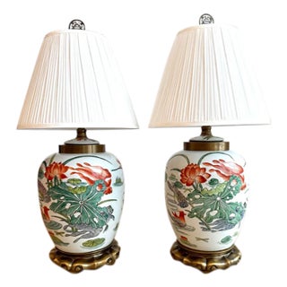 Pair of Vintage Maitland-Smith Hand-Painted Porcelain Table Lamps, Brass Base, 1985 For Sale