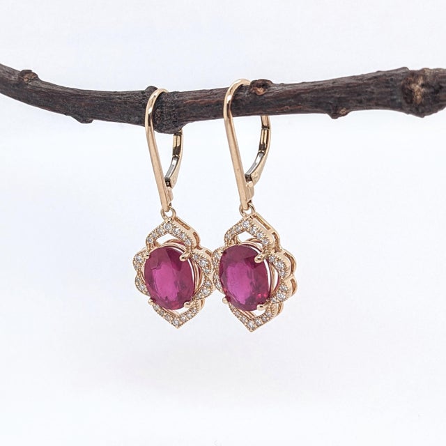 Modern Oval Ruby Dangle Earrings With Earth Mined Diamonds in Solid 14k Yellow Gold - 2 Pieces For Sale - Image 3 of 6