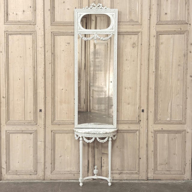 Early 20th Century Antique Italian Louis XVI Painted Marble Top Demilune Console With Trumeau Mirror For Sale - Image 5 of 18