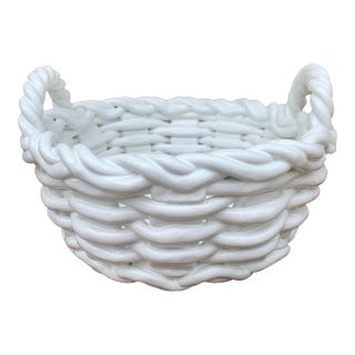 1980s Italian White Ceramic Trompe L’Oeil Woven Basket Cachepot For Sale