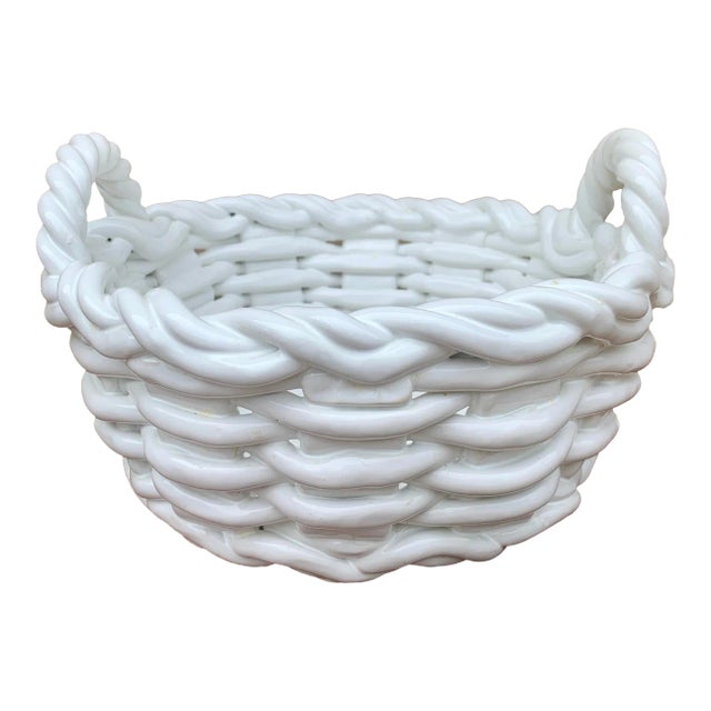 1980s Italian White Ceramic Trompe L’Oeil Woven Basket Cachepot For Sale