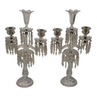 Vintage Pair 14" Modular Crystal 3-Light Candelabras Threaded European Lead Crystal Complete With Prisms For Sale