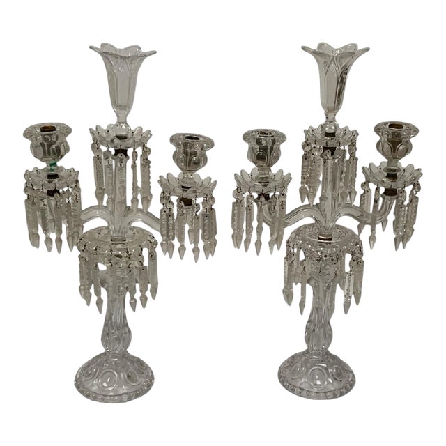 Vintage Pair 14" Modular Crystal 3-Light Candelabras Threaded European Lead Crystal Complete With Prisms For Sale
