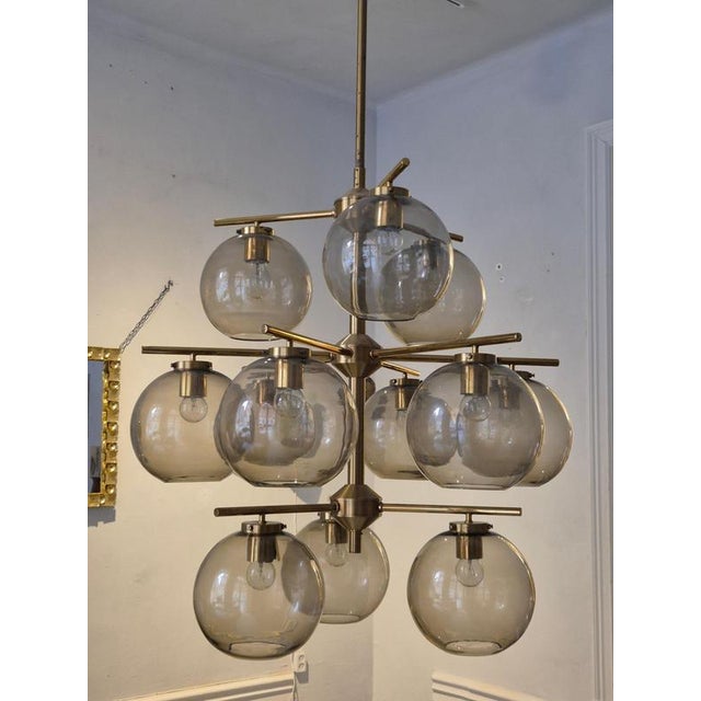 Metal Scandinavian Modern Chandelier in Brass and Grey Glass by Holger Johansson, 1970s For Sale - Image 7 of 17
