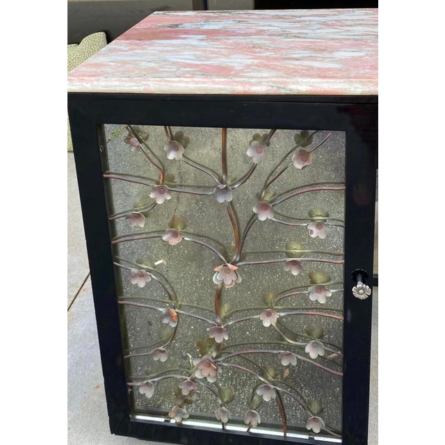 Black Hollywood Regency Lacquered & Mirrored Credenza / Vanity / Desk /Sideboard W/ Pink Marble & Tole Doo For Sale - Image 8 of 11