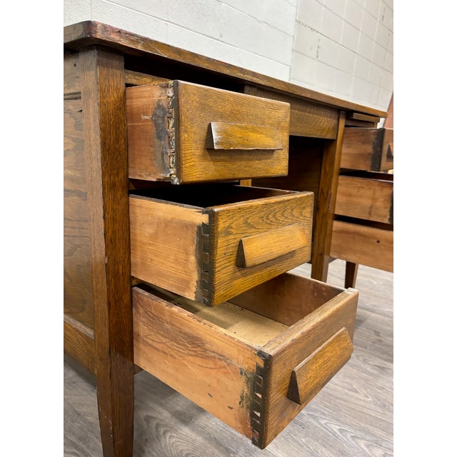 Vintage Arts & Crafts Mission Oak Pedestal Teacher Desk Office Desk Library Desk For Sale - Image 14 of 14