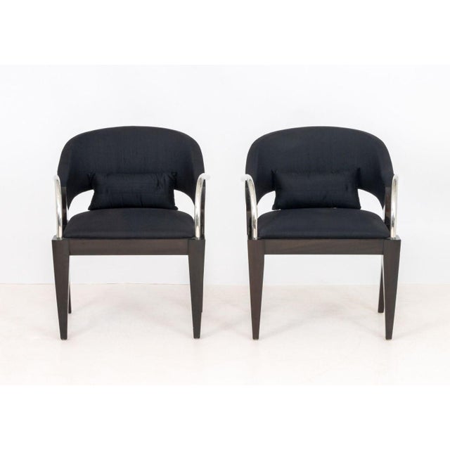 Pair of Mitchell Pickard for Brueton Inc. "Willow" Armchairs, with black leather upholstery, chrome-plated arms and...