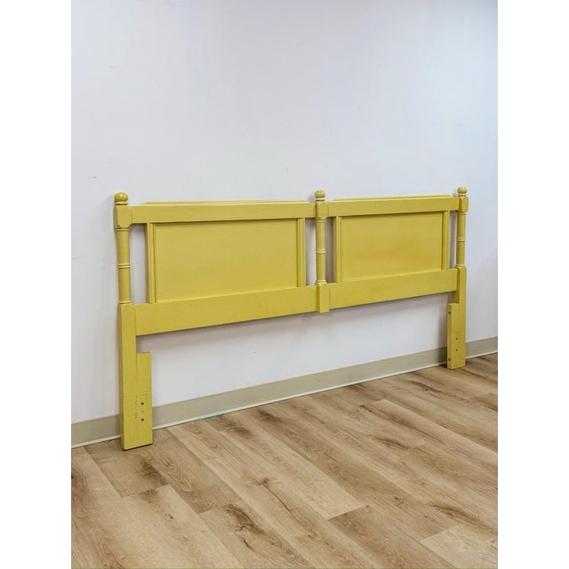 Farmhouse Vintage Cottagecore Painted Yellow King Headboard Eclectic Hollywood Regency For Sale - Image 3 of 13