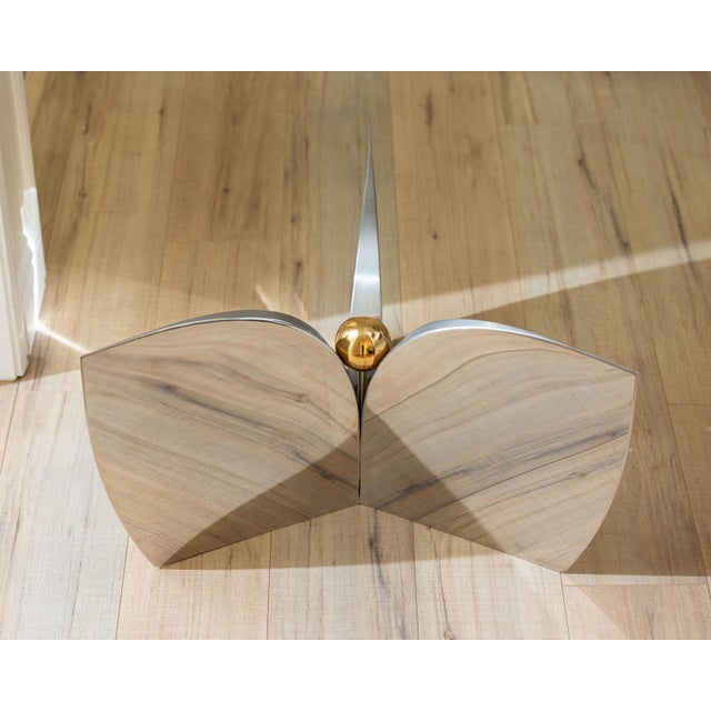 1970s Tripartite Polished Stainless Steel and Gilt-Metal Cocktail Table For Sale - Image 11 of 15