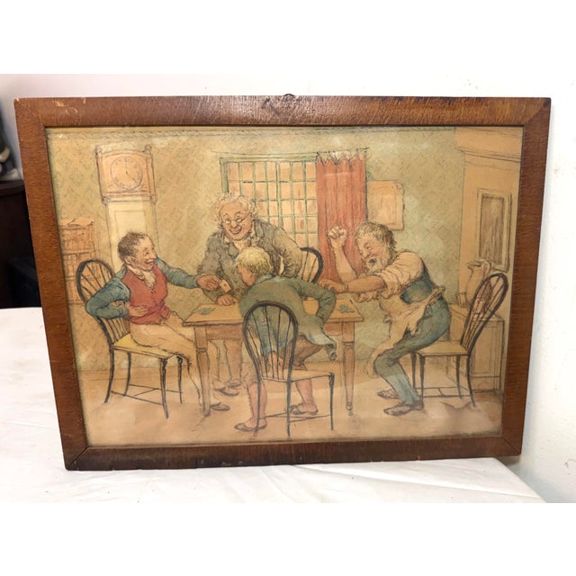 This antique 19th century original watercolor painting depicts men playing cards at a dining table. The hand-painted...