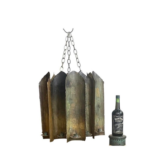 Brutalist Brutalist Torch-Cut Patinated Brass Candle Lantern Chandelier Attributed to Tom Greene for Feldman Lighting c.1960s For Sale - Image 3 of 10