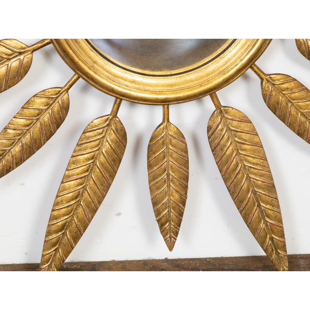 Midcentury French Sunburst Wall Mirror with Leafy Décor and Convex Plate For Sale In Atlanta - Image 6 of 8