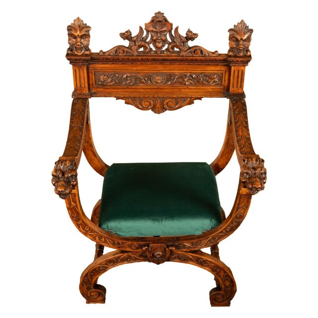 Antique Renaissance Revival Carved Walnut Green Man Savonarola Chair Circa 1890 For Sale - Image 10 of 17