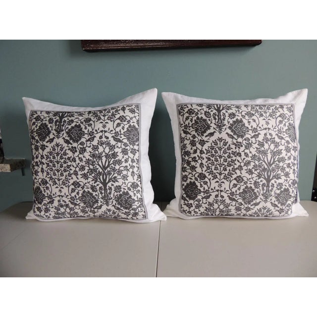 Islamic Vintage Fortuny Alderelli Fabric in Midnight and White Decorative Square Pillows - Pair For Sale - Image 3 of 10