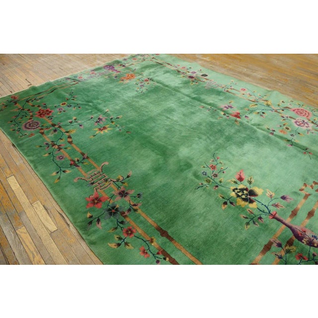 Outstanding Jade-Green Background Color With Details of Purple Flowers Vases in a Floral Design Chinese Art Deco Rug For Sale - Image 14 of 15