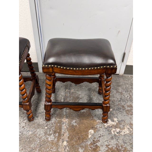 Ambella Home Collection Barley Twist Leather Stools, Pair For Sale - Image 11 of 12
