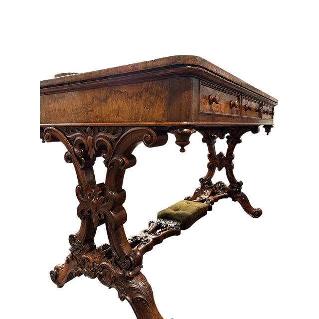 Remarkable Green Leather Top Victorian Burl Walnut Writing Desk For Sale - Image 12 of 12