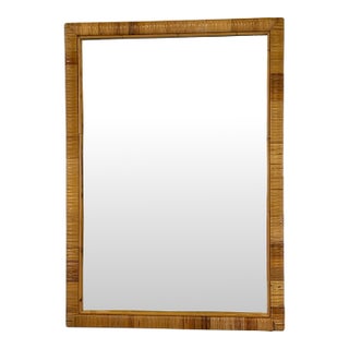 Vintage Mid Century Coastal Palm Beach Italian Wrapped Rattan Woven Wall Mirror For Sale