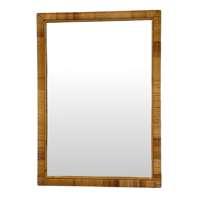 Vintage Mid Century Coastal Palm Beach Italian Wrapped Rattan Woven Wall Mirror For Sale