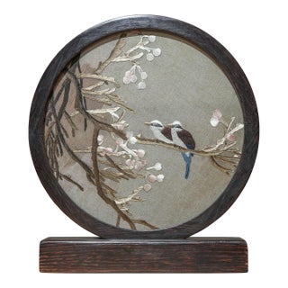 Double-Sided Handcrafted Silk Feng Shui Embroidery Winter Bird Flower Artwork For Sale