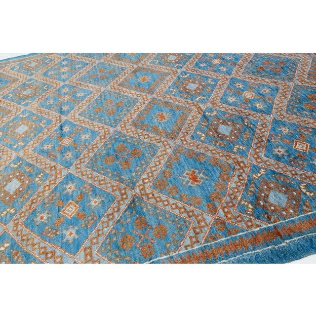 Textile Modern Moroccan Style Hand-Knotted Wool Area Rug in Sky Blue and Terracotta For Sale - Image 7 of 12