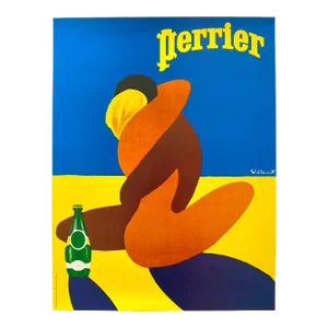 Bernard Villemot Vintage 1980's " Perrier " Offset Lithograph Print French Pop Art Poster