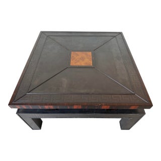 Vintage Hollywood Regency Asian-Inspired Greek Key Bronze & Mahogany Square Coffee Table For Sale