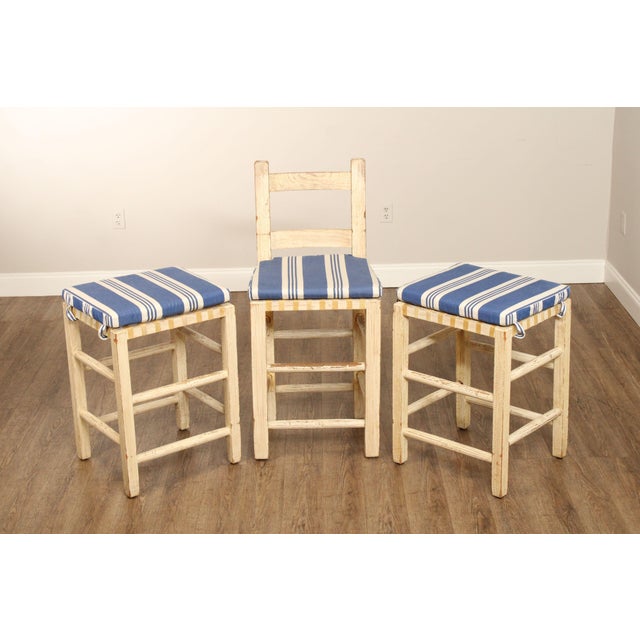 High Quality Vintage Set of Three Distress Painted Bar Stools with Custom Upholstered Cushions