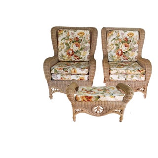 Pristine 1980's Phillippine Ratan & Wicker Wingback Chairs & Ottoman - 3 Piece Set For Sale