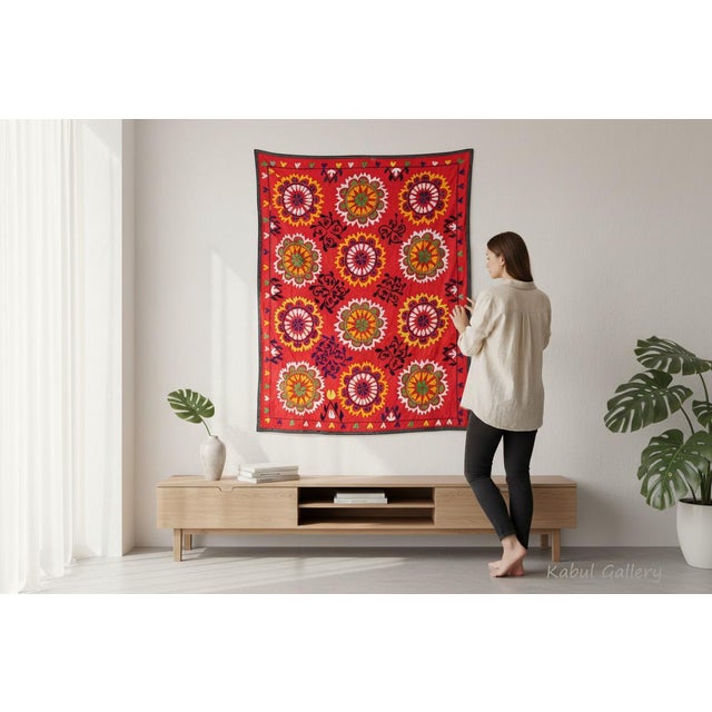 Red Vintage Hand Embroidered Suzani Wall Hanging, 1920s For Sale - Image 8 of 18