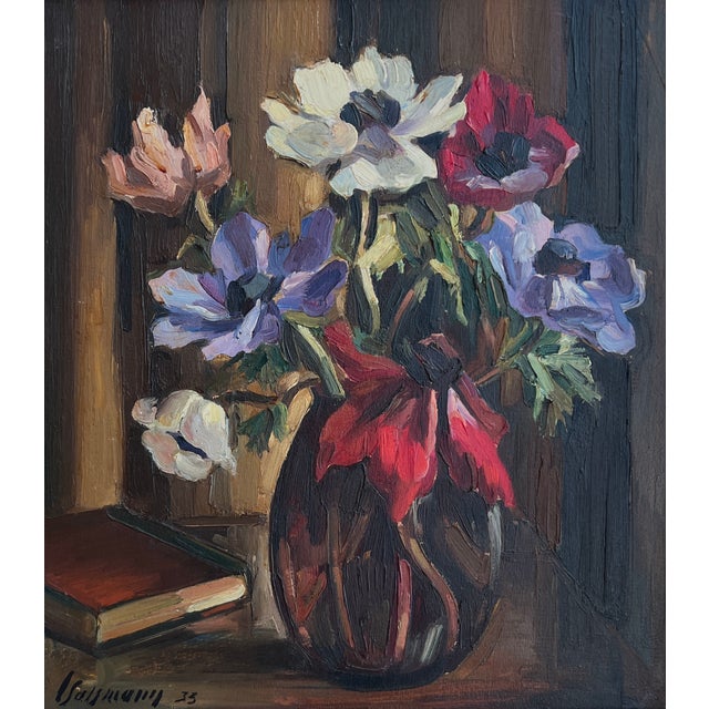 Louis Henri Salzmann, Bouquet de fleur et livre, 1933, Oil on Cardboard, Framed For Sale - Image 10 of 10