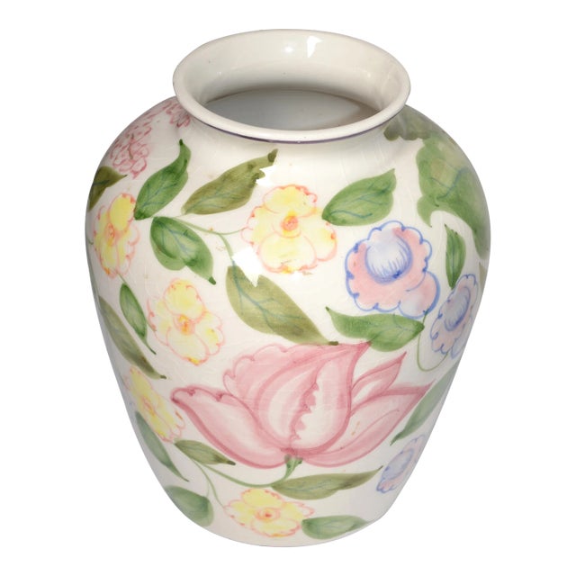Vintage 1960s Mediterranean Hand Painted Glazed Flower Vase Rose Motif For Sale