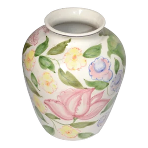 Vintage 1960s Mediterranean Hand Painted Glazed Flower Vase Rose Motif