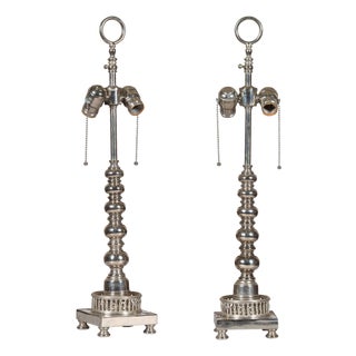 1940s English Two-Light Silverplate Bobbin Lamps with Pierced Galleries - Pair For Sale