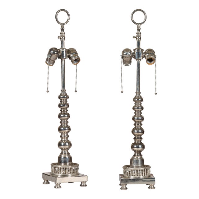 1940s English Two-Light Silverplate Bobbin Lamps with Pierced Galleries - Pair For Sale