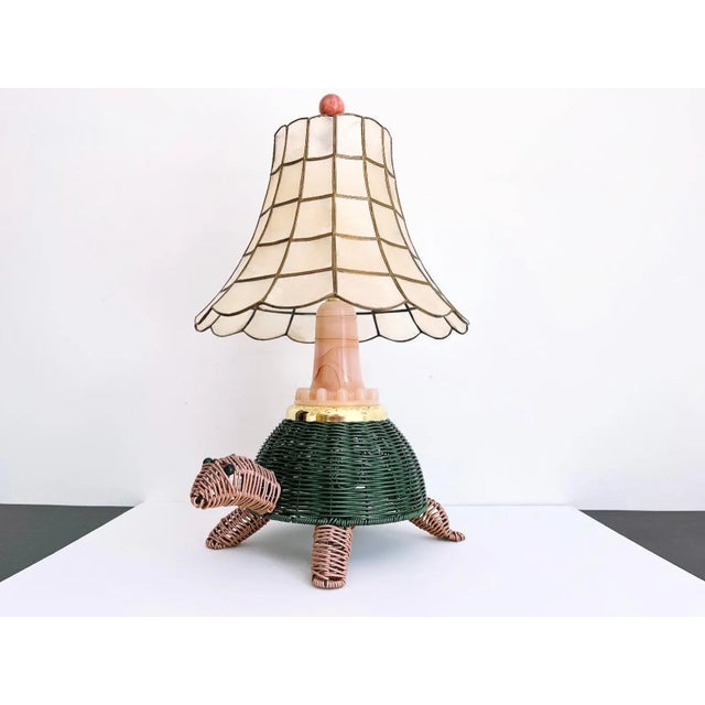 Metal Mid Century Wicker Turtle Lamp & Shell Shade For Sale - Image 7 of 12
