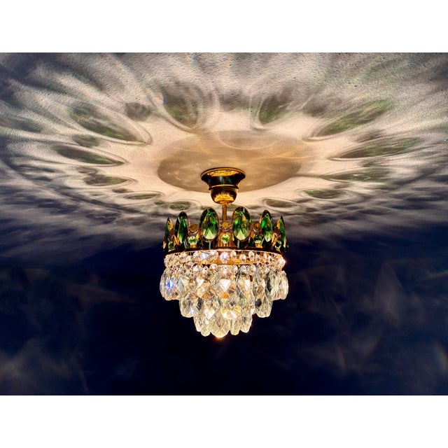 1960s French Brass Crown Chandelier – Rare Green & Clear Crystals For Sale - Image 6 of 14