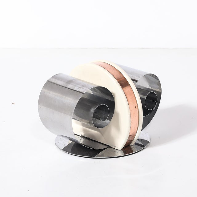 Art Deco Machine Age Paper/Book Holder in Spring Steel, Cream Enamel & Copper For Sale - Image 4 of 10