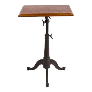 Small Adjustable Oak Drafting Table With Cast Iron Base For Sale