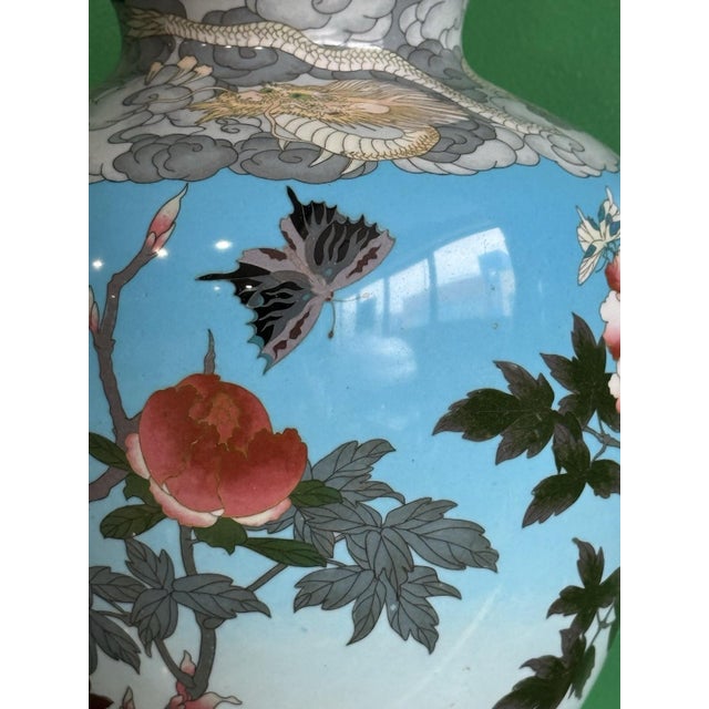 Japanese Large Japanese Cloisonne Enamel Lidded Vase Dragons Peonies Butterflies Goto For Sale - Image 3 of 18