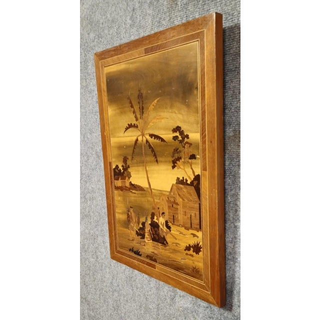 Antique Wood Marquetry Picture – Exotic Scene – Solid Wood Frame Charming antique marquetry picture depicting a lively...